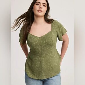 TORRID Peplum Challis Floral Olive Sweetheart Top Forest Fairy Whimsical 12 L